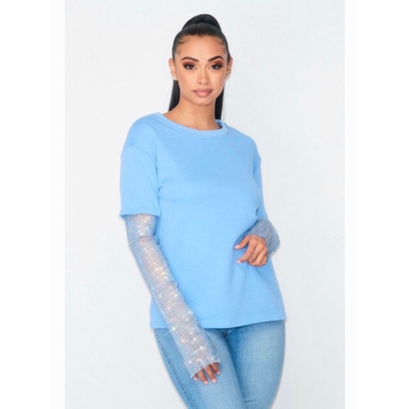 Blue Shirt with Bling Sleeves - Picture 3 of 3